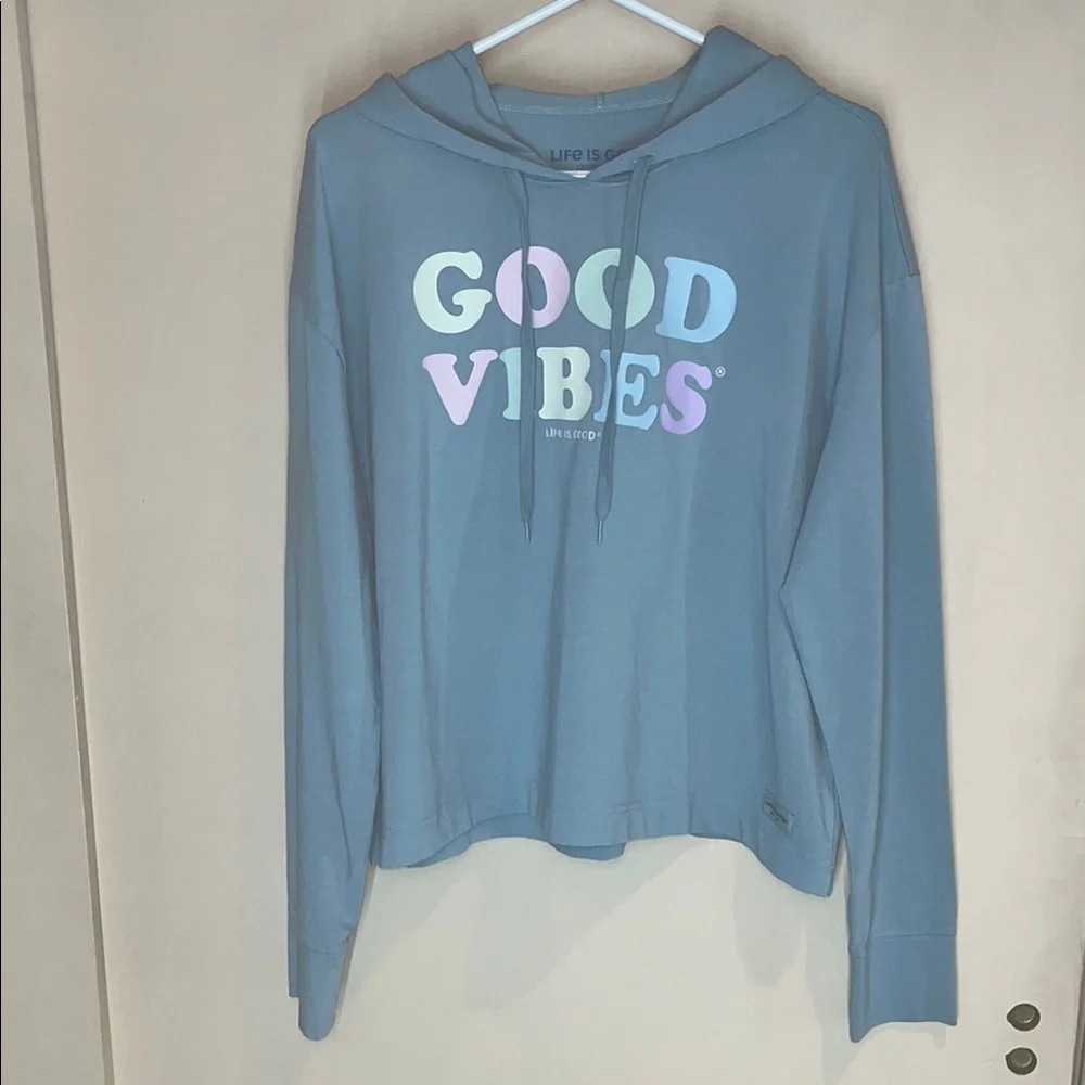 Life is Good Blue Hoodie with Good Vibes Print